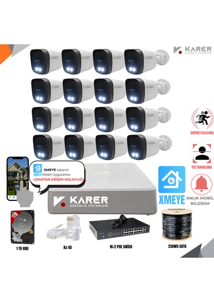 16’lı 2k Sesli Ip Güvenlik Kamerası Seti – 1tb Hdd, 305M Cat6, Gece Renkli, Uzaktan Izleme