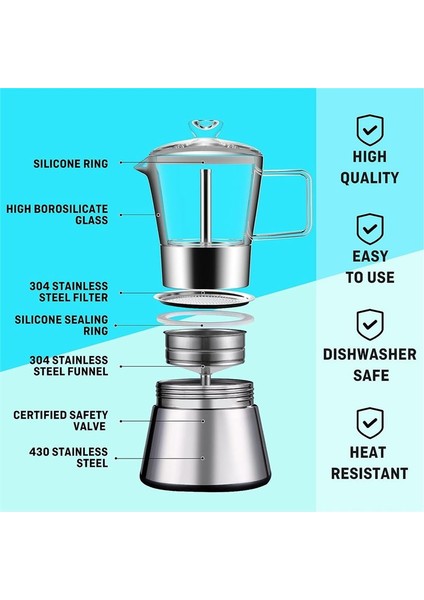 Moka Indüksiyon Soba Espresso Maker Cam Top ve Paslanmaz Çelik Espresso Moka Pot Klasik Kahve Makinesi 240ML (Yurt Dışından) fiyatları