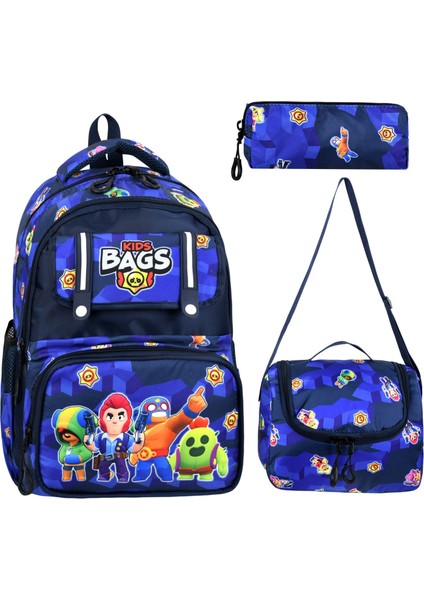 Kore Tarzı Kapaklı Lüks Erkek Çocuk Ortopedik İlkokul Çantası Folyolu Beslenme ve Kalemlik