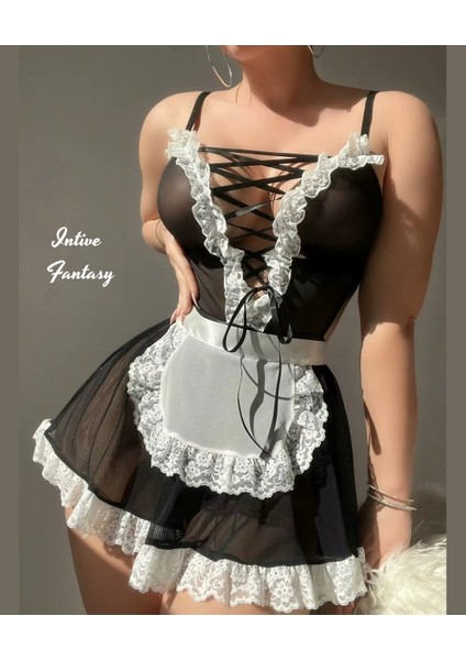 Intive Derin V Dekolte Arkası Bağlamalı Fantasy Hizmetçi Kostüm/gecelik indirimleri