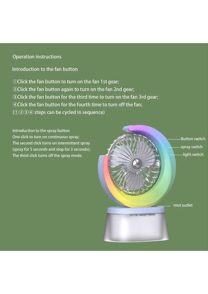LED Fan Pille Çalışan Sessiz Fan Taşınabilir Nemlendirici Fan 600ML Tank 3 Hızları Ayarlanabilir USB Şarj Edilebilir Fan A (Yurt Dışından)