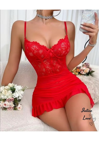 Intive Love Dantelli Korse Görünümlü Asimetrik Kesim Transparan Tül Gecelik fırsatları