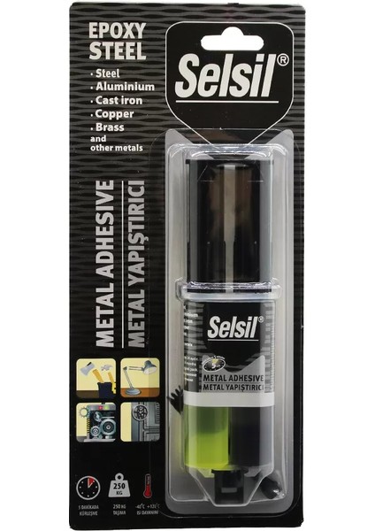 Selsil Epoxy Steel Metal Şırınga Epoksi Yapıştırıcı 28GR. Metal - Çelik - Alüminyum - Ahşap - Plastik