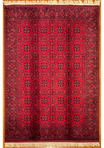 El Dokuma Afgan Halı Yıldız Desenli Ince Dokuma Bordo Renk 4 Metre Kare