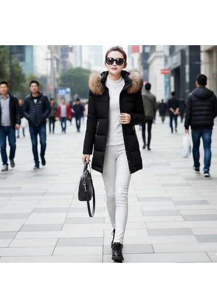 Suni Kürk Yaka Orta Boy Kışlık Kadın Siyah Mont