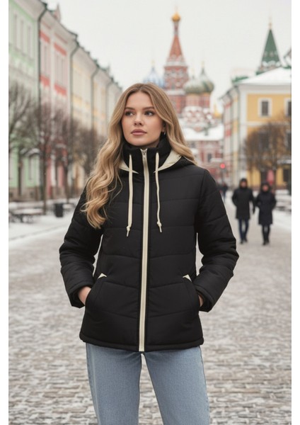 Kapüşonlu Kışlık Kadın Şişme Kısa Mont