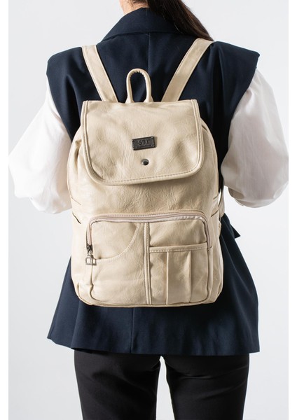 Suni Deri Yıkama Sırt çantası (Poliüretan) Krem MODEL:(571-14-16I)