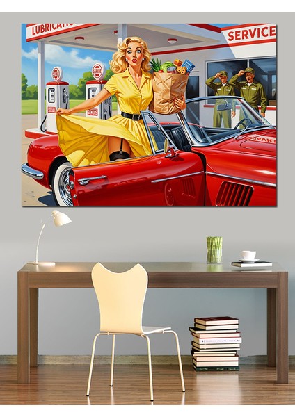 Kırmızı Araba Klasik Servis ve Sarı Elbiseli Retro Kadın Dekoratif Kanvas - Mdf Ahşap Tablo