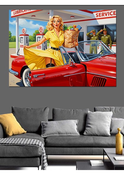 Kırmızı Araba Klasik Servis ve Sarı Elbiseli Retro Kadın Dekoratif Kanvas - Mdf Ahşap Tablo fiyatları