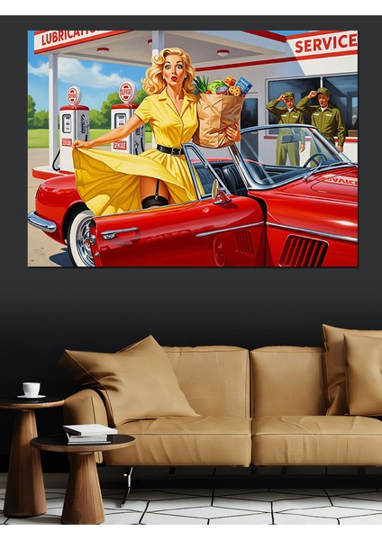 Kırmızı Araba Klasik Servis ve Sarı Elbiseli Retro Kadın Dekoratif Kanvas - Mdf Ahşap Tablo modelleri