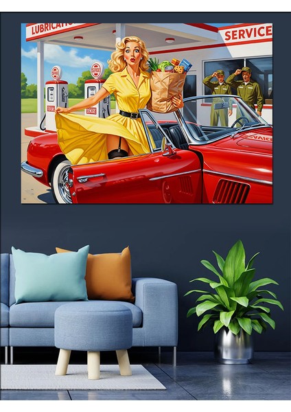 Kırmızı Araba Klasik Servis ve Sarı Elbiseli Retro Kadın Dekoratif Kanvas - Mdf Ahşap Tablo fırsatları