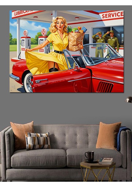 Kırmızı Araba Klasik Servis ve Sarı Elbiseli Retro Kadın Dekoratif Kanvas - Mdf Ahşap Tablo indirimleri