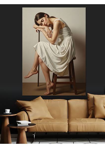 Sandalyede Oturan Üzgün Kadın Dekoratif Kanvas - Mdf Ahşap Tablo