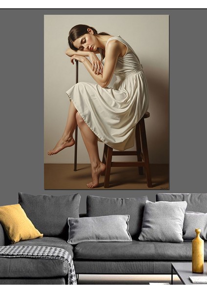 Sandalyede Oturan Üzgün Kadın Dekoratif Kanvas - Mdf Ahşap Tablo fırsatları