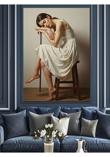 Sandalyede Oturan Üzgün Kadın Dekoratif Kanvas - Mdf Ahşap Tablo indirimleri