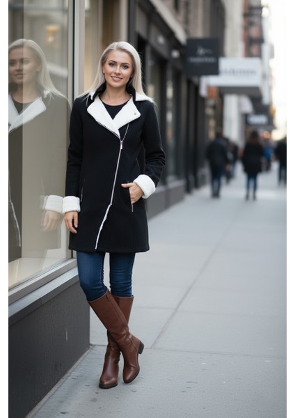 Kışlık Günlük Kaşe Kadın Siyah Kaban