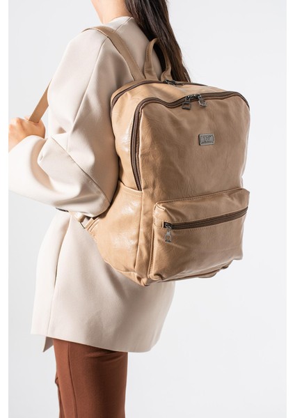 Suni Deri Yıkama Sırt çantası (Poliüretan) Bej MODEL:(571-14-16G)