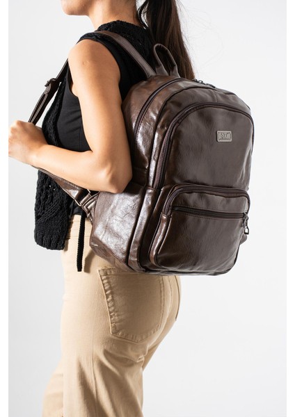 Suni Deri Yıkama Sırt çantası (Poliüretan) Kahverengi MODEL:(571-14-16H)