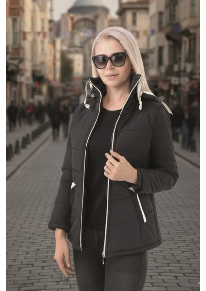 Kapüşonlu Kışlık Kadın Şişme Kısa Mont