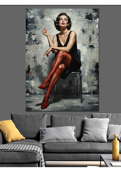 Oturan Seksi Kadın Çizimi Dekoratif Kanvas - Mdf Ahşap Tablo