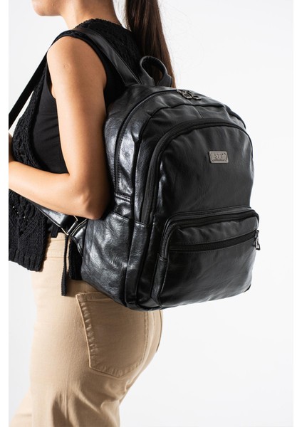 Suni Deri Yıkama Sırt çantası (Poliüretan) Siyah MODEL:(571-14-16H)