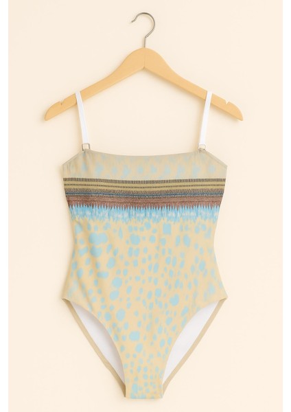 Kadın Etnik Desenli Bej–mavi Tek Parça Mayo – Modern ve Doğal Şıklık 0015-2 modelleri