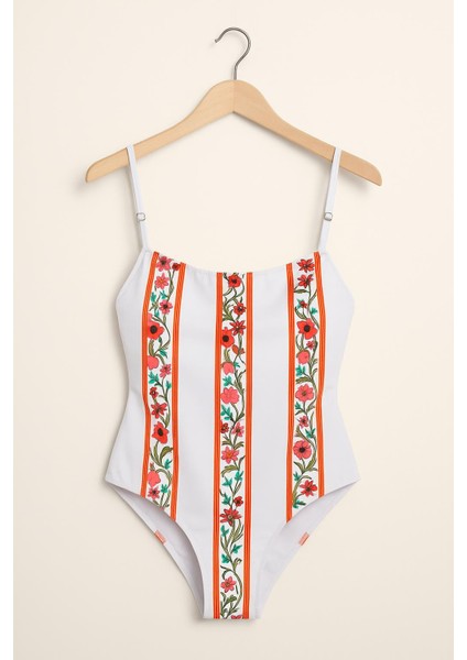 Kadın Beyaz Çiçek Desenli Askılı Tek Parça Mayo – Zarif Yaz Modeli 1156 Bç indirimleri