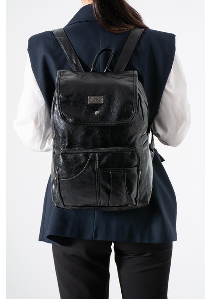 Suni Deri Yıkama Sırt çantası (Poliüretan) Siyah MODEL:(571-14-16I)