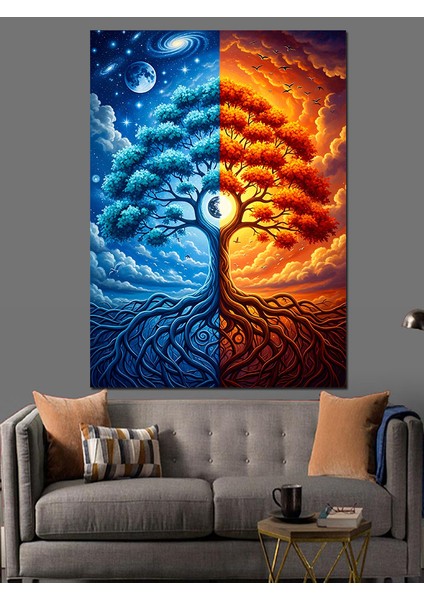 Gün ve Gece Hayat Ağacı Dekoratif Kanvas - Mdf Ahşap Tablo
