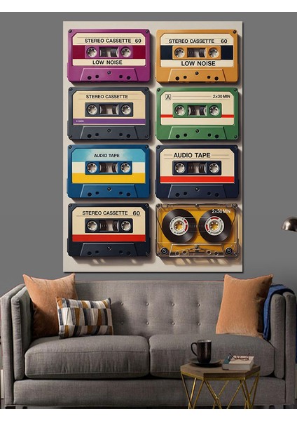 Retro Müzik Kasetleri Koleksiyonu Dekoratif Kanvas - Mdf Ahşap Tablo