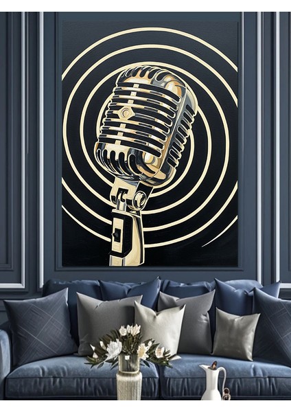 Vintage Mikrofon Müzik Çizimi Dekoratif Kanvas - Mdf Ahşap Tablo fiyatları