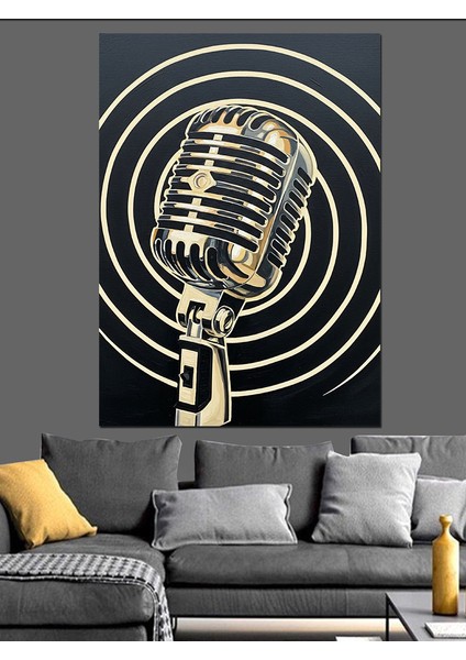 Vintage Mikrofon Müzik Çizimi Dekoratif Kanvas - Mdf Ahşap Tablo modelleri