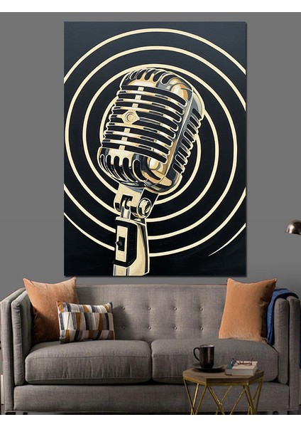Vintage Mikrofon Müzik Çizimi Dekoratif Kanvas - Mdf Ahşap Tablo fırsatları