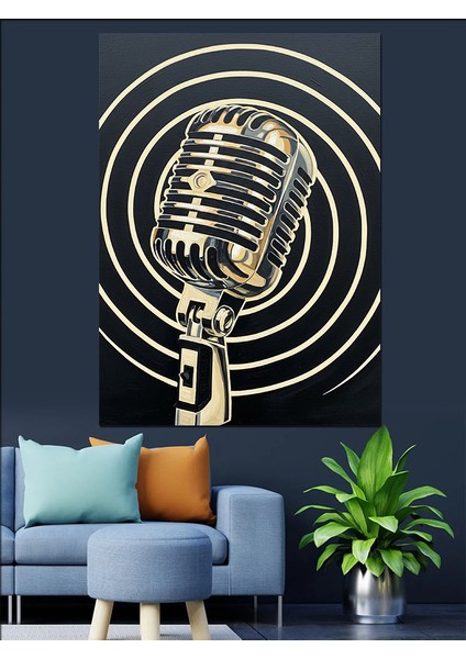 Vintage Mikrofon Müzik Çizimi Dekoratif Kanvas - Mdf Ahşap Tablo indirimleri