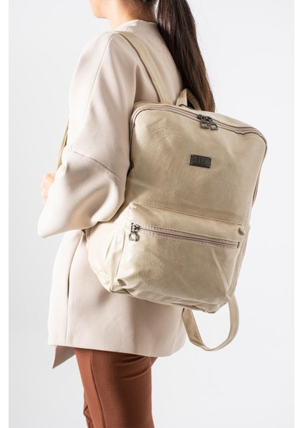 Suni Deri Yıkama Sırt çantası (Poliüretan) Krem MODEL:(571-14-16G)