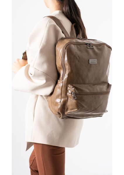 Suni Deri Yıkama Sırt çantası (Poliüretan) Vizon MODEL:(571-14-16G)