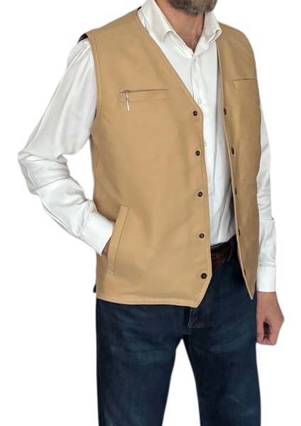 Erkek Spor Yelek - Pamuk Kanvas - Y235 Kum Beji