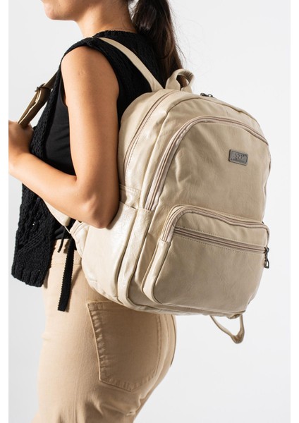 Suni Deri Yıkama Sırt çantası (Poliüretan) Krem MODEL:(571-14-16H)