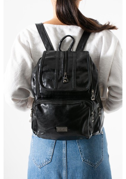 Suni Deri Yıkama Sırt çantası (Poliüretan) Siyah MODEL:(571-14-16J)