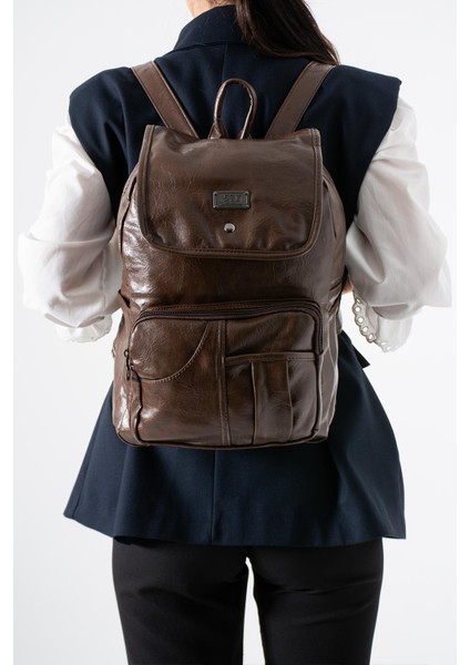 Suni Deri Yıkama Sırt çantası (Poliüretan) Kahverengi MODEL:(571-14-16I)