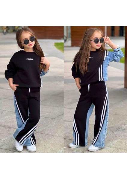 Kız Çocuk Kot Garnili Şeritli Şardonlu Üç Iplik Eşofman Takımı 43127S