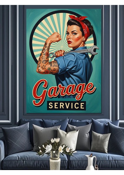 Retro Tamirci Kadın Posteri Dekoratif Kanvas - Mdf Ahşap Tablo