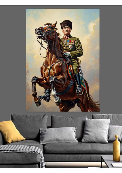 Kahverengi Atla Mustafa Kemal Atatürk Dekoratif Kanvas - Mdf Ahşap Tablo