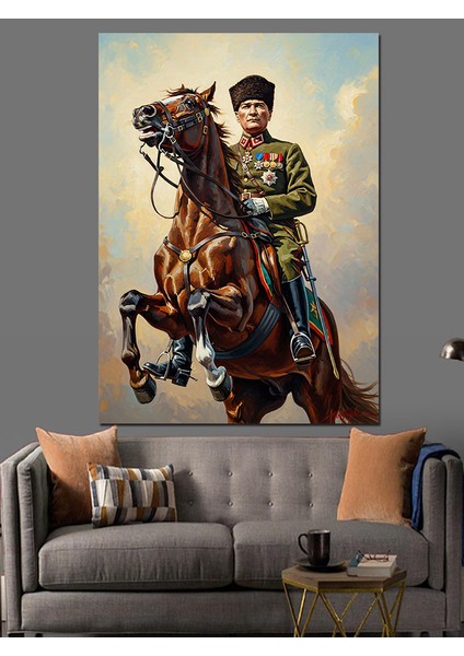 Kahverengi Atla Mustafa Kemal Atatürk Dekoratif Kanvas - Mdf Ahşap Tablo fiyatları