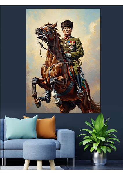 Kahverengi Atla Mustafa Kemal Atatürk Dekoratif Kanvas - Mdf Ahşap Tablo modelleri