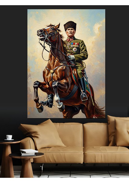 Kahverengi Atla Mustafa Kemal Atatürk Dekoratif Kanvas - Mdf Ahşap Tablo fırsatları