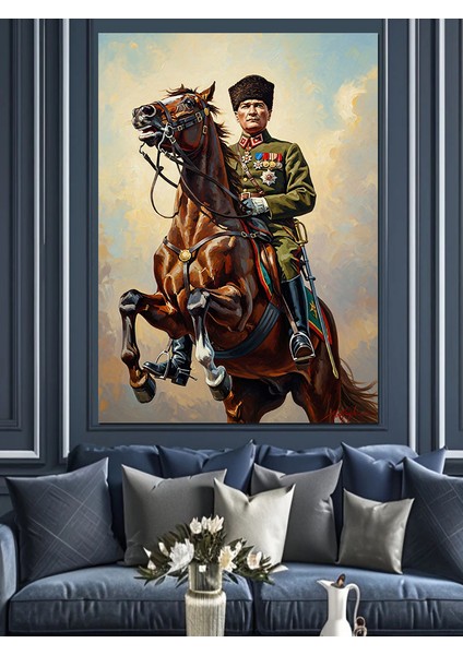 Kahverengi Atla Mustafa Kemal Atatürk Dekoratif Kanvas - Mdf Ahşap Tablo indirimleri