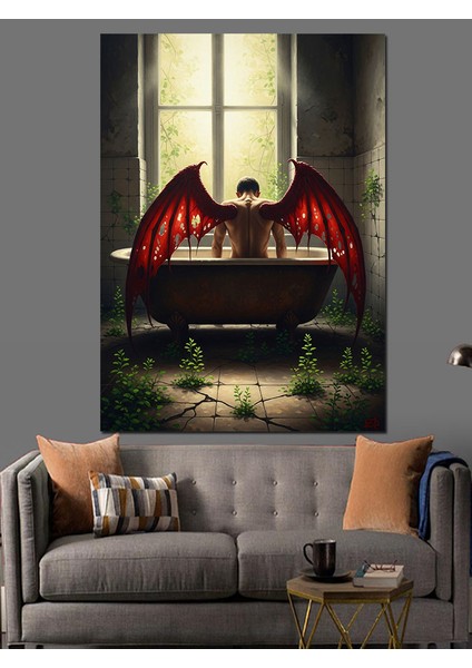 Kırmızı Boynuzlu Şeytan Figür Dekoratif Kanvas - Mdf Ahşap Tablo