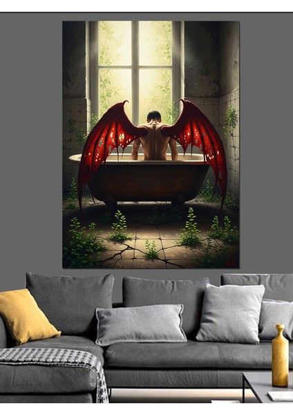 Kırmızı Boynuzlu Şeytan Figür Dekoratif Kanvas - Mdf Ahşap Tablo fiyatları