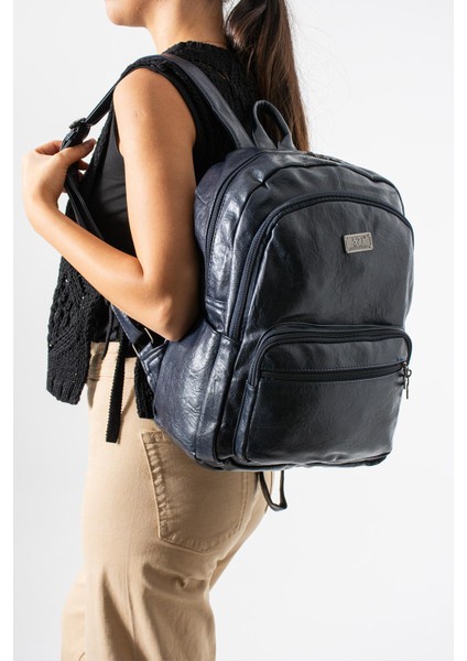 Suni Deri Yıkama Sırt çantası (Poliüretan) Lacivert MODEL:(571-14-16H)